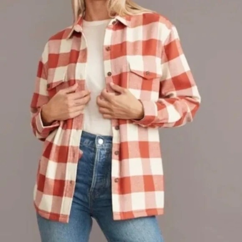 Marine Layer Riley Overshirt Women's Large Flannel Plaid Shacket Rust/Cream $140